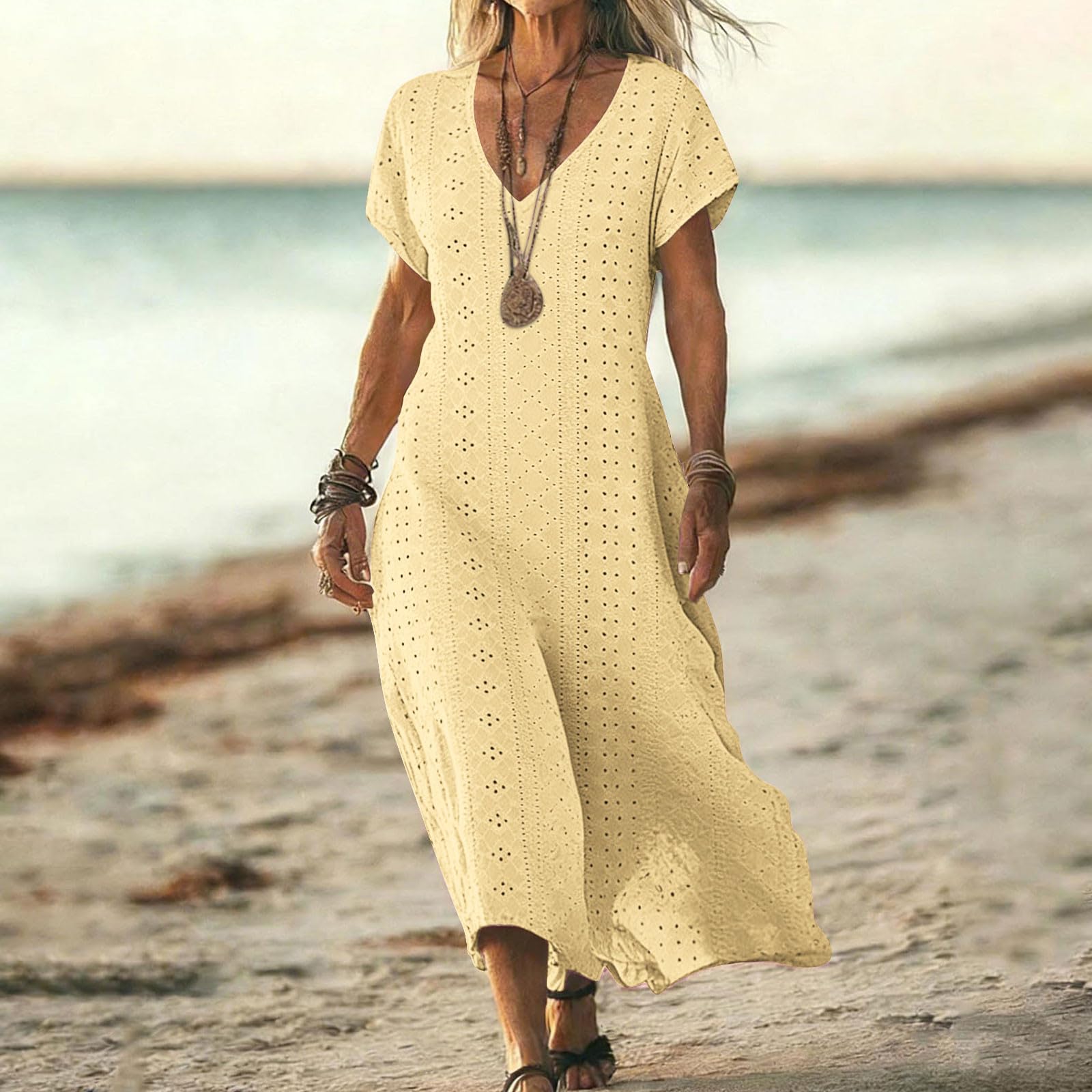 

Женское пляжное платье с коротким рукавом, повседневное платье L бежевый