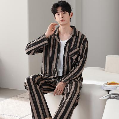 Pijama de Algodón Puro para Hombre, Traje de Algodón de Manga Larga para Primavera y Otoño, Ropa de Casa a Rayas para Niños de Otoño