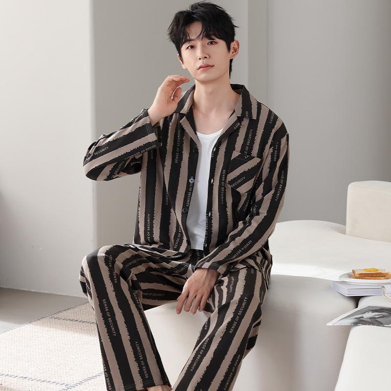 Men'S Pajamas Men'S Spring And Autumn Cotton Long-Sleeved Autumn And Winter Autumn Cotton Loungewear Set