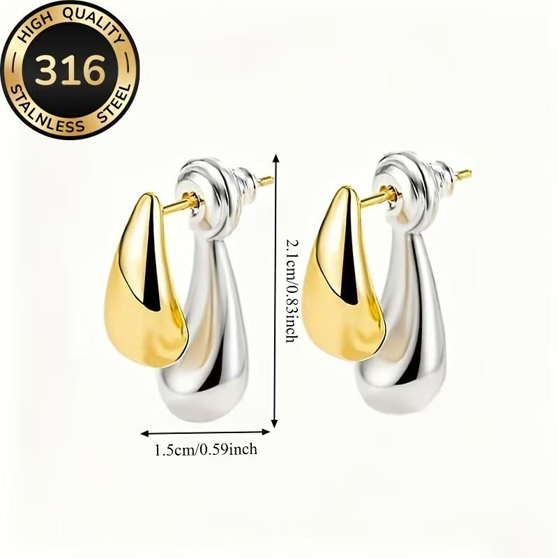 High-Quality 316L Stainless Steel Water Drop Stud Earrings for Women - Double Color, Trendy, and Versatile