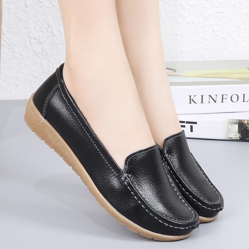 Large Size Women's Shoes Four Season Flat Single Shoes Genuine Leather Beans Shoes Middle-aged and Elderly Soft Sole Mother's Shoes