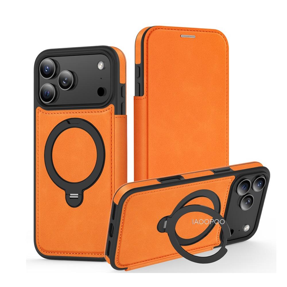 Magnetic Close Leather Flip Cover Case for iPhone 17 Pro Max Air 16 15 14 13 12 11 Wireless Charging 360-degree Rotating Bracket
