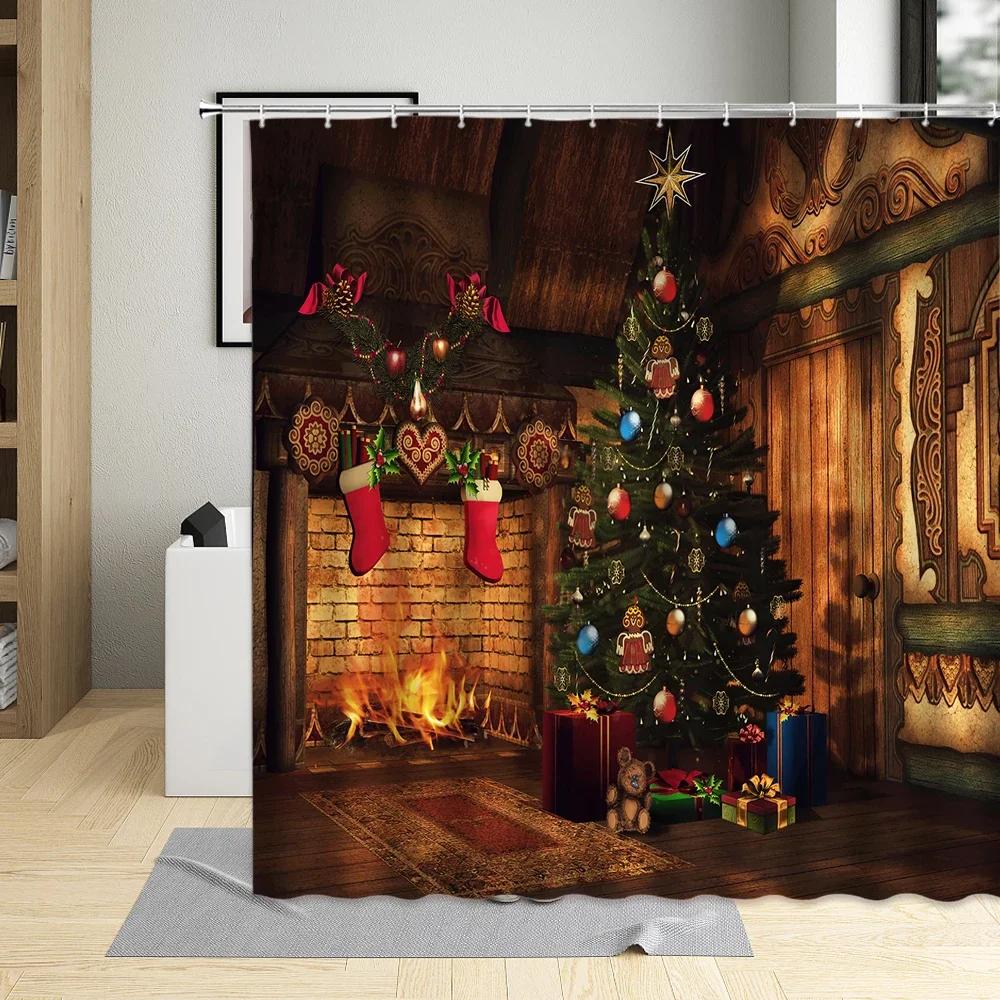 Merry Christmas Shower Curtain Xmas Tree Socks Elk Wooden House Snowman Winter Festival Decor Wall Cloth Bathroom Curtains Sets