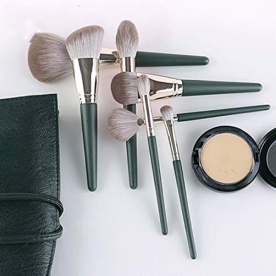 YINAN Studio Makeup Brush Set with Wooden Handles and Popular Makeup Tool Set Set, 14-Piece Ultra-Soft Pouch, (Green)
