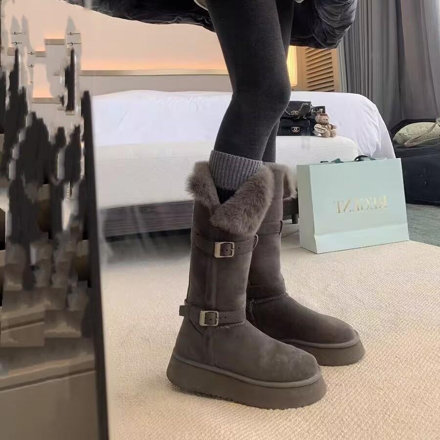 Gray Short Snow Boots Women's 2025 Winter New Thick-soled Heightening Piled Thickened Long Tube Warm Snow Cotton Shoes