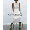 Spring New Women Clothes French Style Slim Fit Knitted Pleat Decorative Stand Collar Sleeveless Dress 4772345