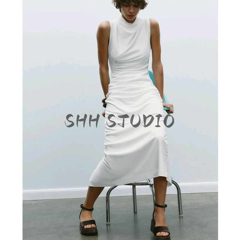 Spring New Women Clothes French Style Slim Fit Knitted Pleat Decorative Stand Collar Sleeveless Dress 4772345