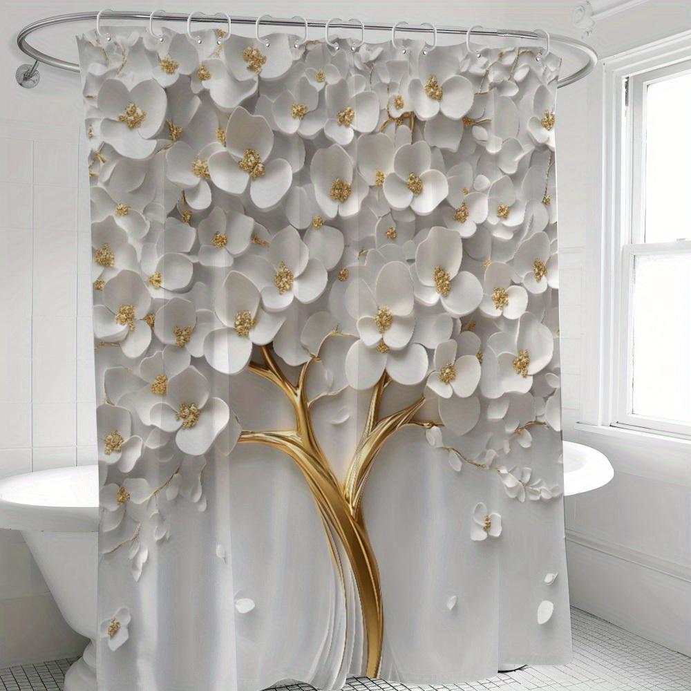 

[1Pc Elegant Shower Curtain] 1Pc Elegant White Floral Shower Curtain With Golden Accents, Perfect For Bathroom Decor W60H190(CM)-1 Pcs