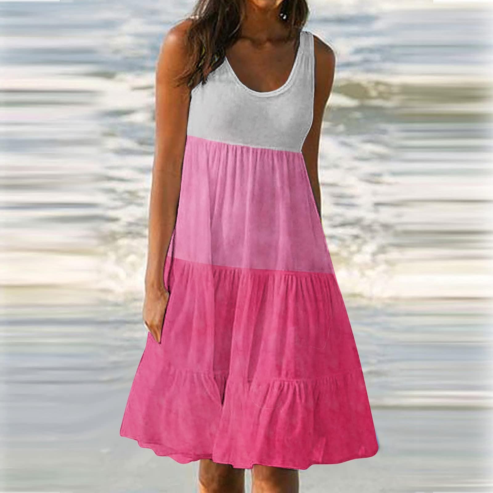 

Women s Summer Sleeveless Ruched Beach Dress O Neck Midi Dress Casual Sundress XL