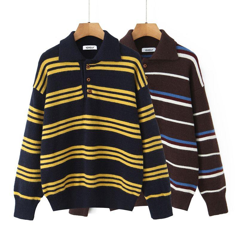 Autumn and Winter New Arrivals Women's Clothing Zr European and American Style Fashionable Loose Striped Color-Block Long-Sleeve Polo Collar Knitwear