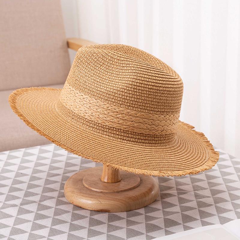 Women's Straw Hat - Korean Style Retro Colorblock with Frayed Edges, High-End Sun Protection, Internet Celebrity Beach Fedora with Large Brim.