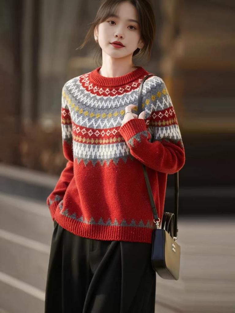 Women's Korean Style Fair Isle Wool Sweater - Loose Fit, Seamless Round Neck Jacquard Knitwear