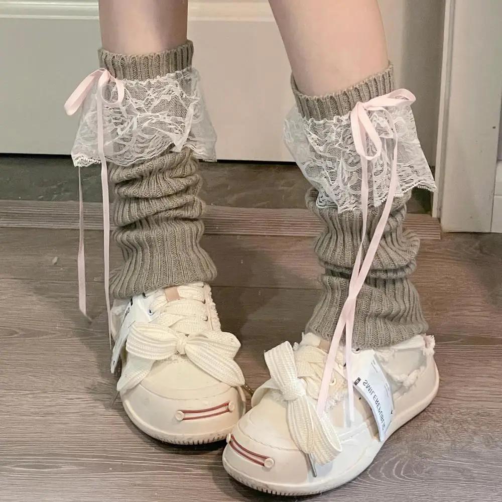 Y2K Japanese Lolita Girls Lace Bow Leg Warmer Women Knitted Warm Foot Cover Black White Knee Warmers Long Socks Jk Crochet Socks