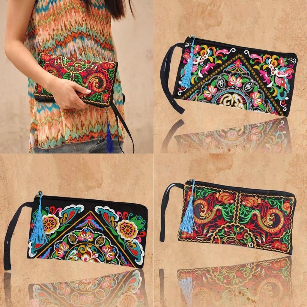 Ethnic Embroidered Long Wallet With Tassel Polyester Fabric Retro Style