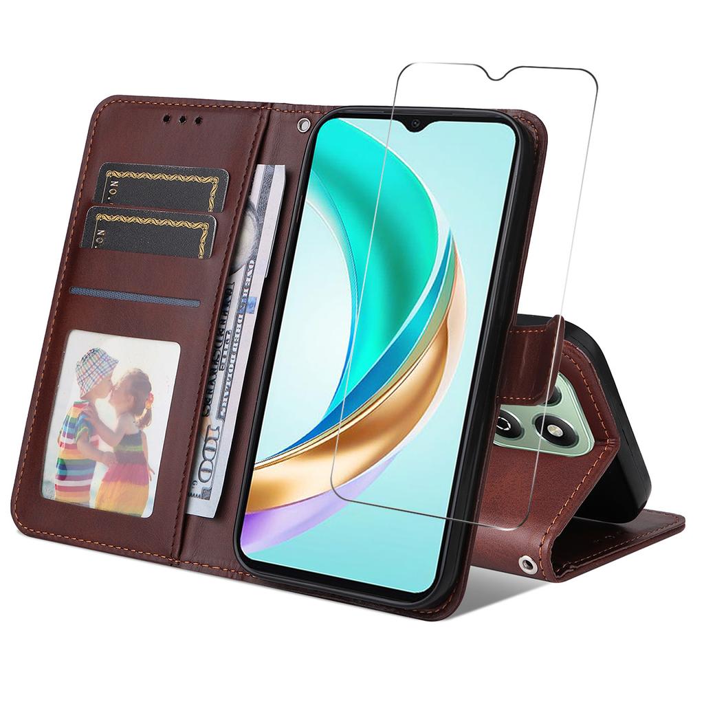 For Honor X6b 4G/Honor X5b Plus/Honor X6c 4G PU Leather Wallet Case Phone Stand Cover with Tempered Glass