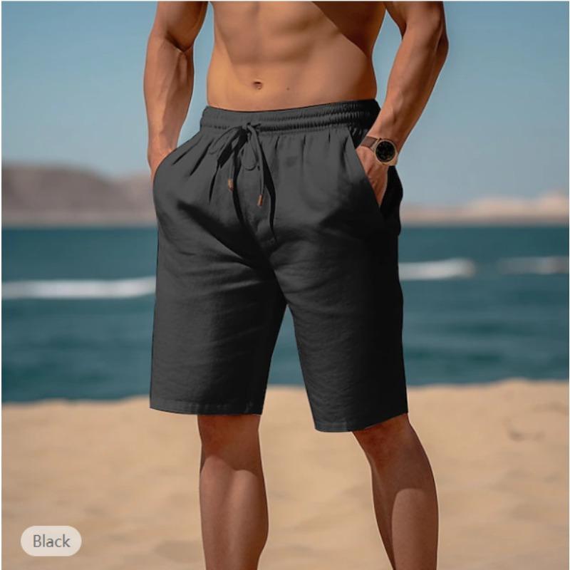 

Men Drawstring Elastic Waist Solid Linen Cotton Casual Loose Beach Knee Length Shorts S чорний