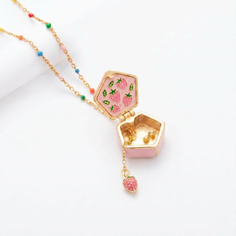 Cute Geometrically Irregular Fruit Open Box Picture Frame Pendant For Woman Fashionable Sweet Opening And Closing Box Necklace