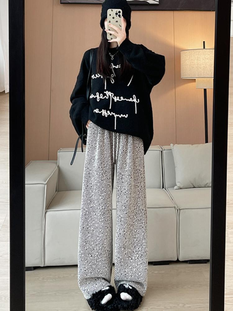 

Женские шерстяные брюки широкие от бедра в косую полоску для осени и зимы, с плюшевыми и ленивыми повседневными брюками в пол XL белый