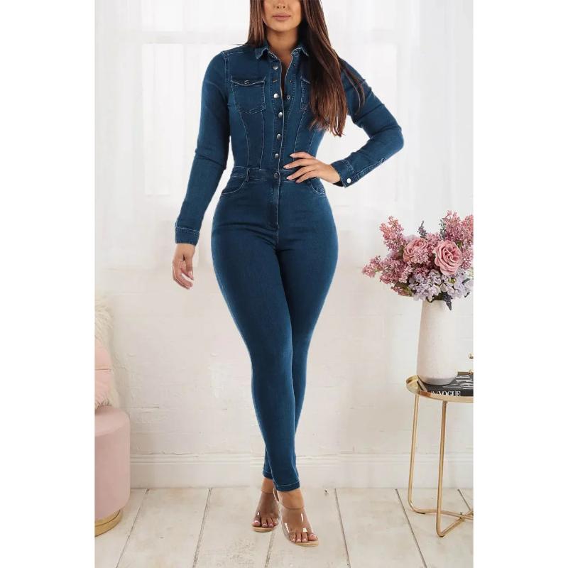 Turn Down Collar Women One Piece Full Sleeve Tight High Waist Bodycon Overalls Denim Jumpsuits Sheath Long Rompers Fall Pants