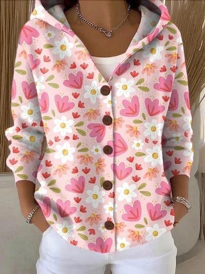 New V-neck button long-sleeved hooded sweater autumn and winter Christmas fashion personalized coat women