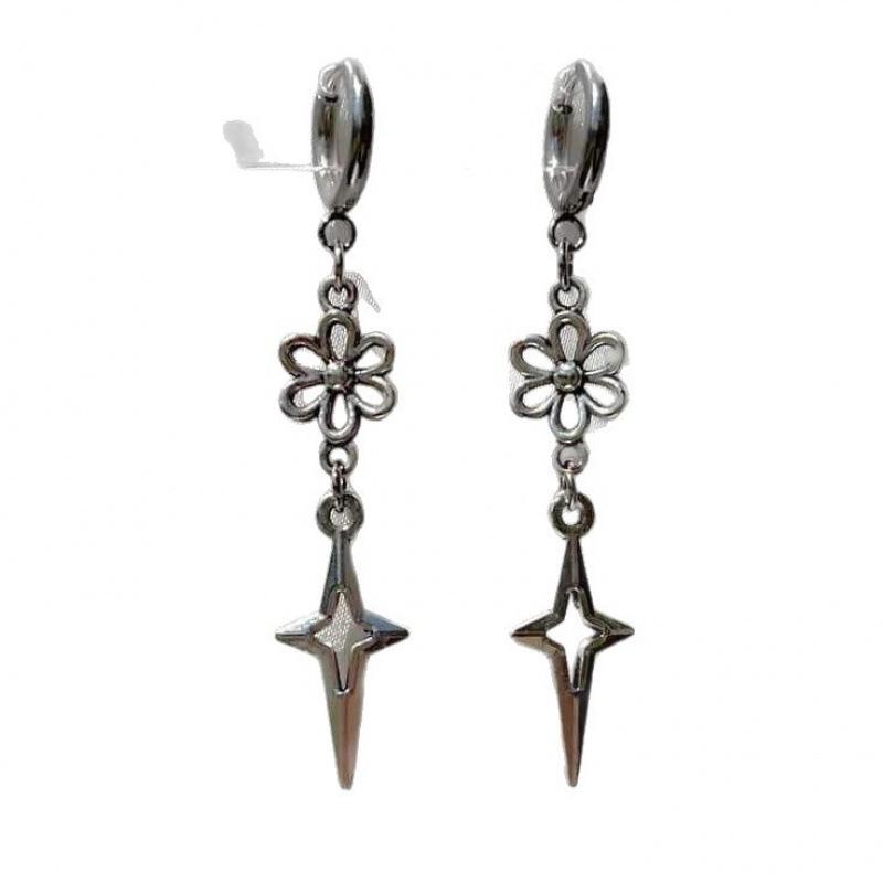 Cross Flower Star Earrings - Hypoallergenic Y2K Gothic Punk Silver Pendant, Nickel-Free