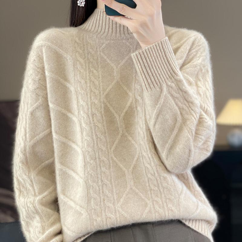 Thickened Half-high Neck Twisted Flower Cardigan for Women In Autumn and Winter New Skin-friendly and Warm Versatile Cashmere Knitted Base Shirt