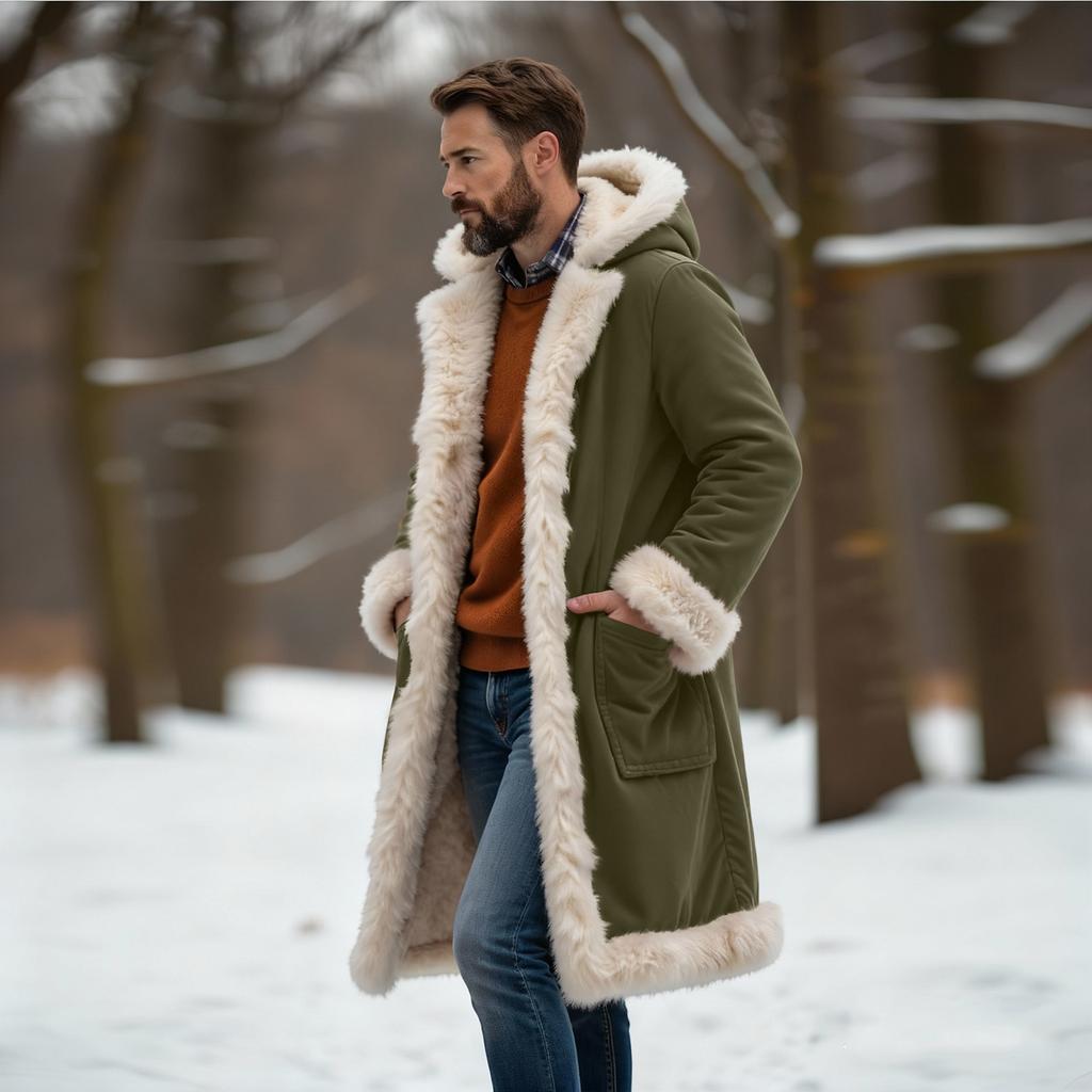 Cappotto Trench da Uomo Foderato in Pile con Cappuccio Giacca Lunga Calda Antivento Cappotto con Tasche