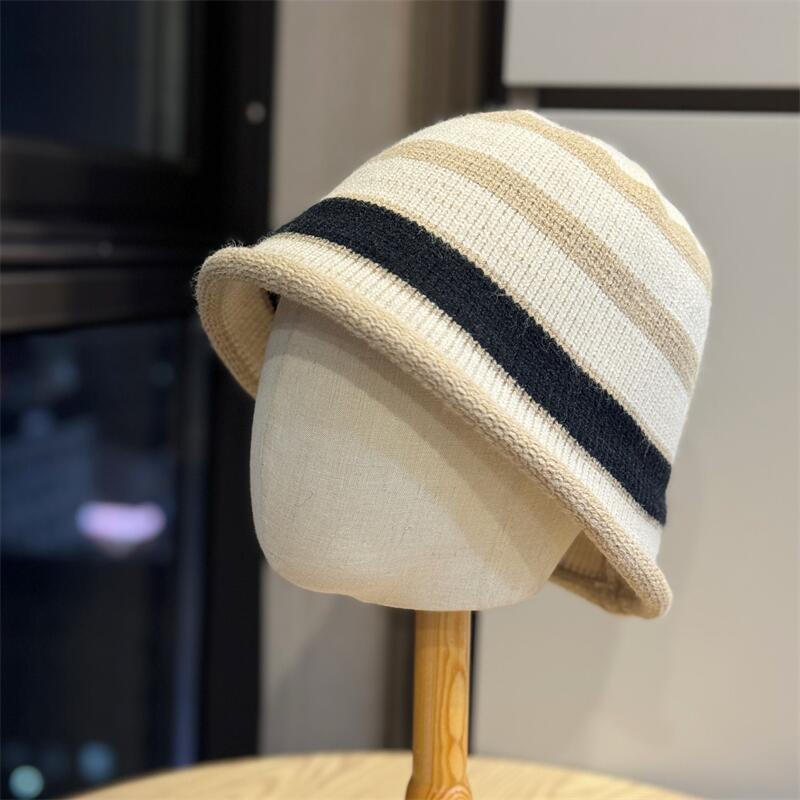 Autumn and Winter Contrasting Color Fisherman's Hat Children's Striped Splicing Knitted Hat Plain Face Washbasin Hat Wool Bucket Hat