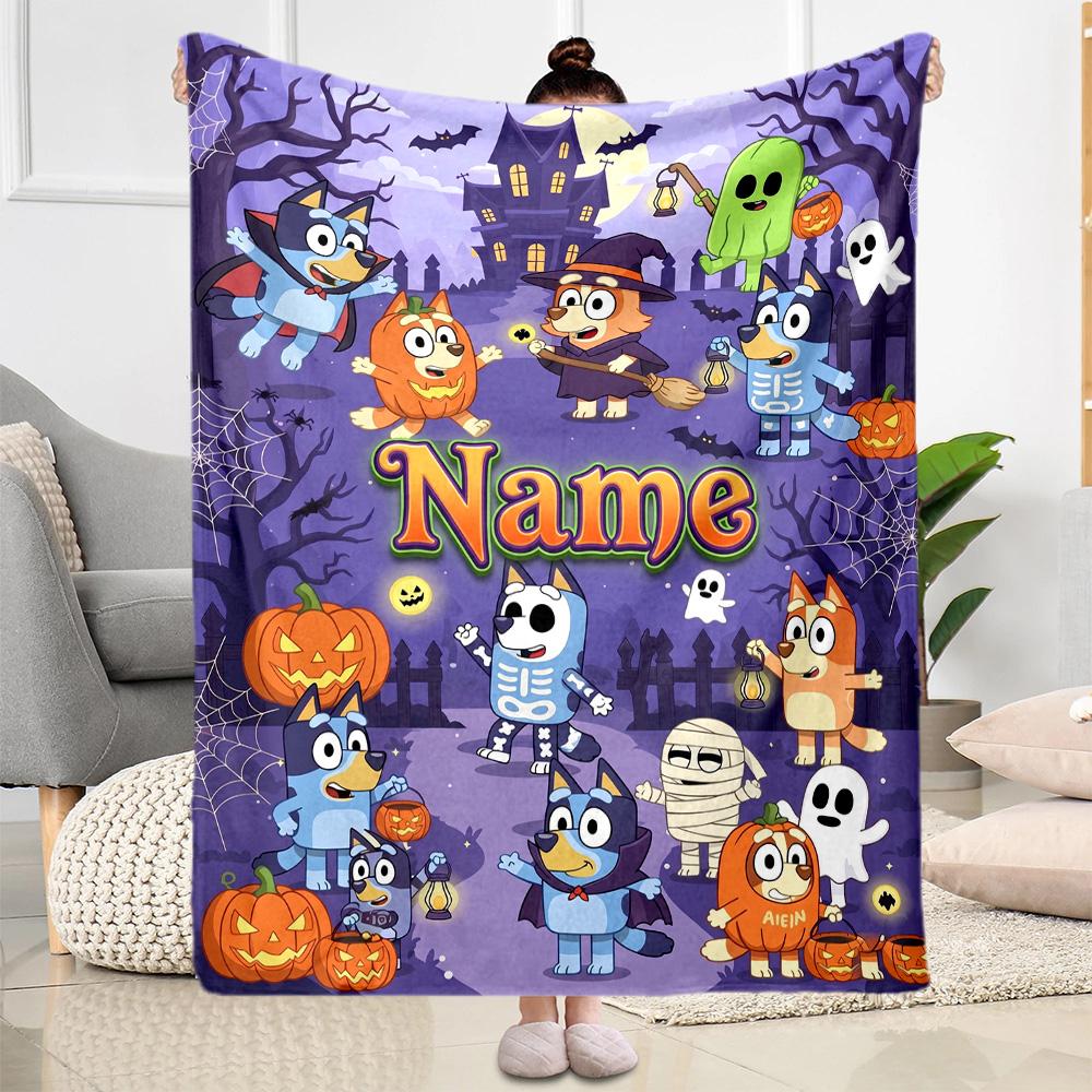Halloween Bluey Family Personalized Text Blanket Gift Personalized Blanket Soft Warm Cozy for Livingroom Nap Couch Office Chair