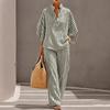 Women's Striped Stand Collar 3/4 Sleeve Shirt and Wide Leg Pants 2 Piece Linen Look Casual Outfit