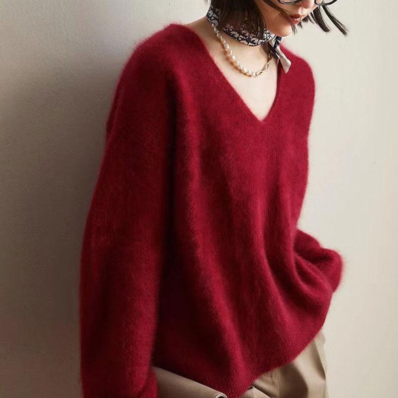 Women's High-End French V-Neck Sweater – Soft, Long-Sleeved, Solid Color Knitwear for Autumn & Winter, Loose Fit, Trendy Style.