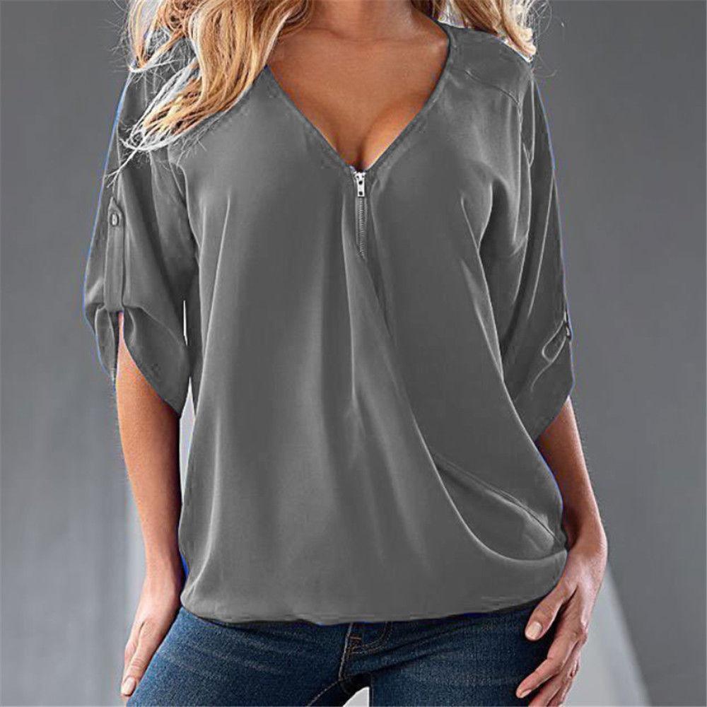 

Shirt Zipper Women Shirt Top Blouse Vneck Loose Tshirts Tops Shirts Bulk Gray,XXL