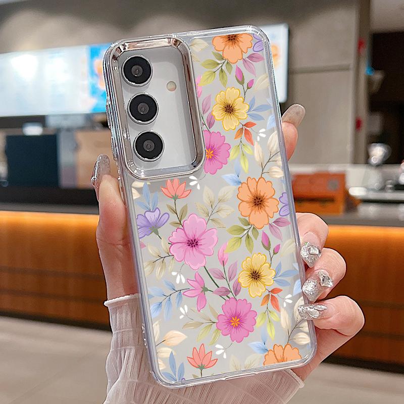 White Flower Pattern Case For Samsung S26 S25 Ultra S24 FE S23 Plus S22 S21 A15 A16 A17 A35 A36 A37 A54 A55 A56 A57 5G Plating Lens Soft Cover