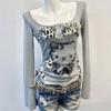 Long Sleeved T-shirt Early Spring American Style Kitten Print Patchwork Leopard Print Slim Fit Top Trend Sets