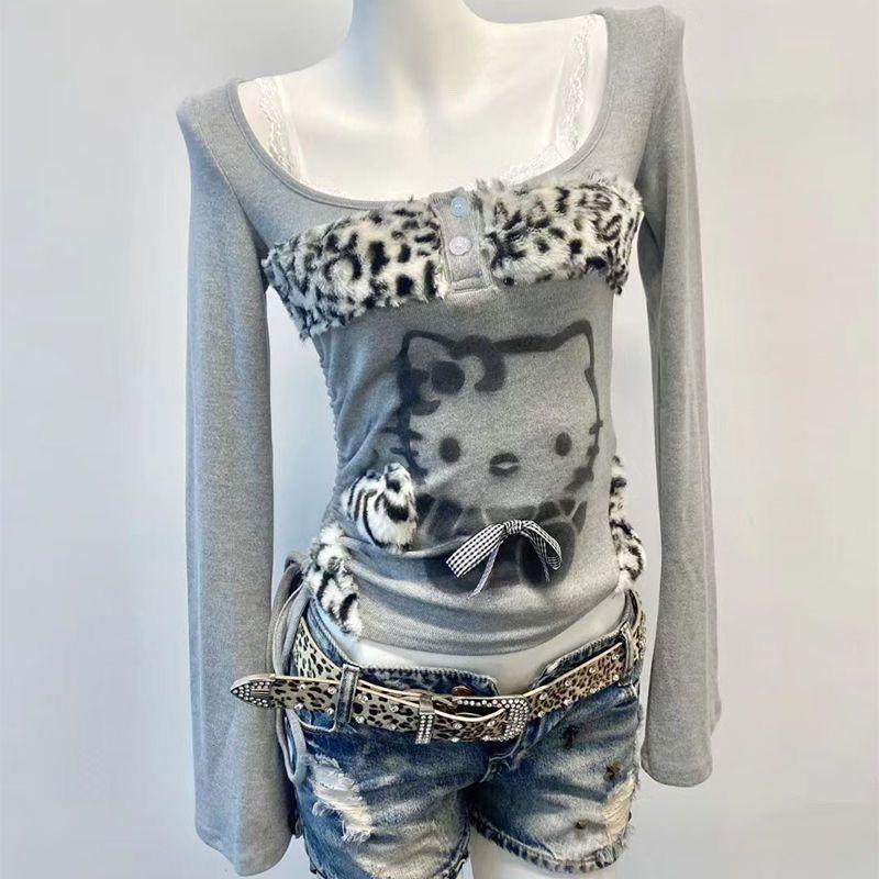 Long Sleeved T-shirt Early Spring American Style Kitten Print Patchwork Leopard Print Slim Fit Top Trend Sets