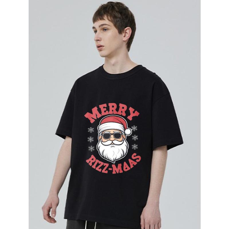 Merry Rizz Mas Christmas T-Shirt Black Santa Claus With Sunglasses And Snowflakes Print Casual Holiday Wear For Men And Women