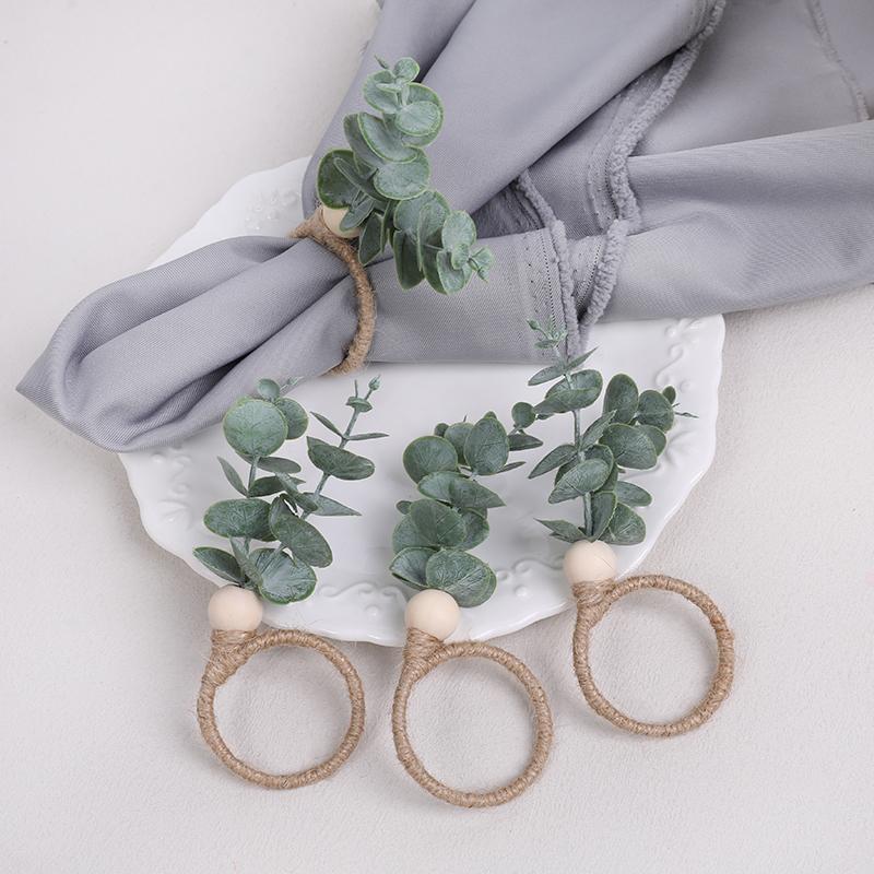 Eucalyptus Leaves Napkin Ring Wedding Napkin Holder Buckles with Wood Bead Easter Home Table Decoration Birthday Party Supplies