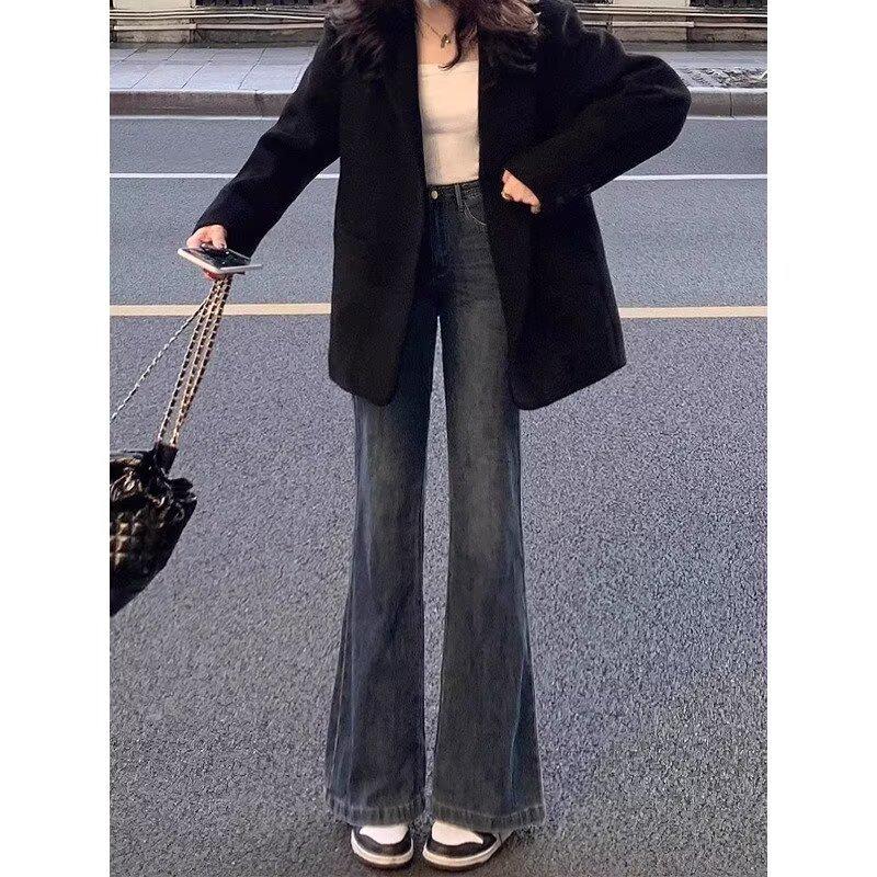 

Женские сине-серые расклешенные джинсы с высокой посадкой - Большой размер, стройнящие, весна/осень 2024 3XL синий