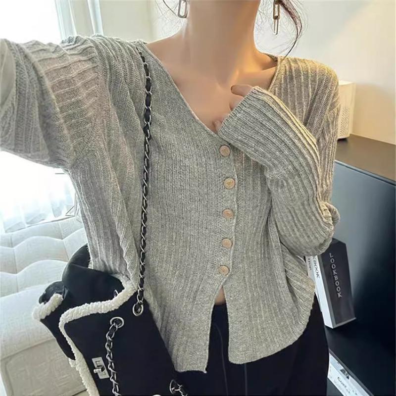 Atmospheric Wear Knitted Sweater Jacket Early Spring Temperament Collar Cardigan Simple Casual Short Top