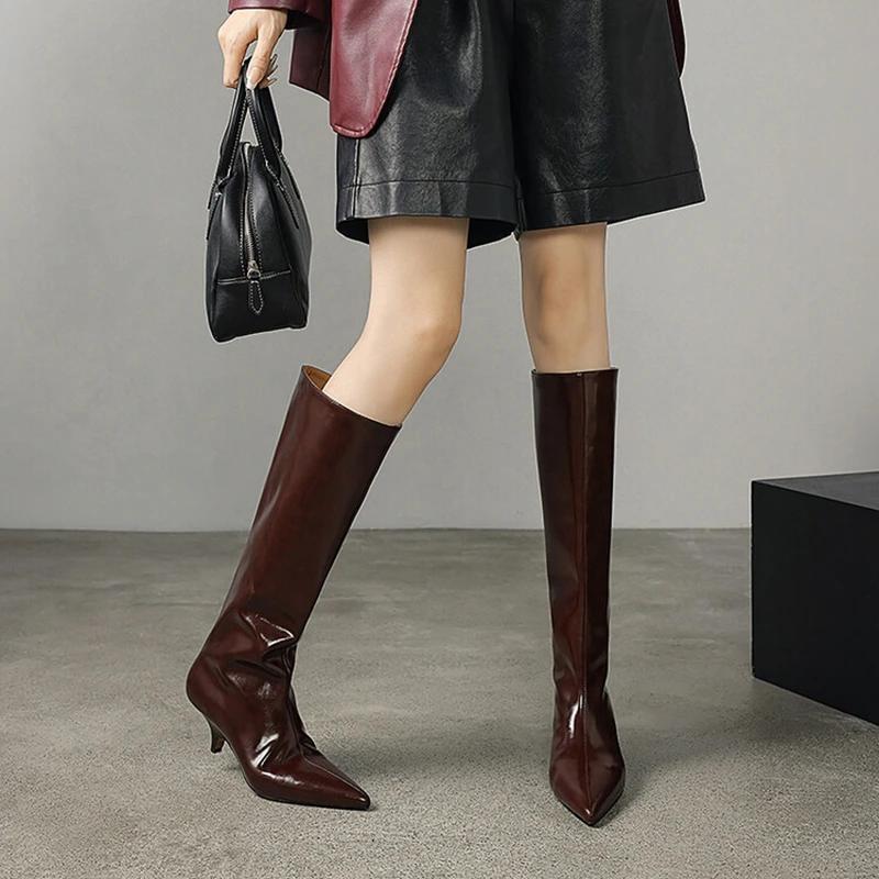 Fashion 2025 New Autumn/Winter Women Boots Split Leather Women Shoes Pointed Toe Low Heel Shoes Knee-high Modern Boots Slip-on Boots