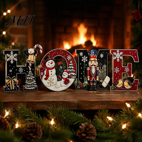 Nutcracker Themed Home Sign 4Pcs Christmas HOME Wooden Letter Wall Decor, Hanging with Snowman Reusable Set Tree Art, Waterproof Farmhouse Holiday