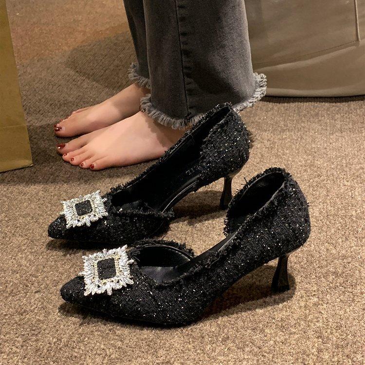 Foreign trade high heels 2024 spring and autumn new small fragrant wind tweed pointed rhinestone square buckle fashion single shoes women