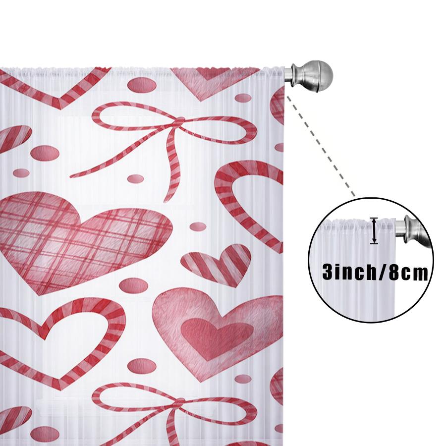 Single Panel White Background Red Grid Heart Shaped Bow Curtain Romantic Style Living Room Bedroom Translucent Polyester Ideal For Sitting
