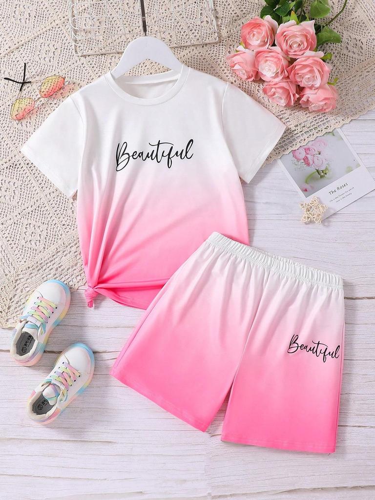 Two-piece Set: Tween Girl Everyday Comfortable Sweet and Cool Loose Style Gradient Short-sleeved Shorts Set for Summer.