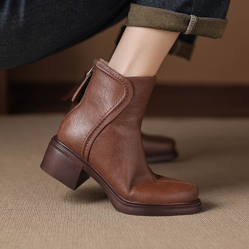 Krazing Pot Cow Skin Round Toe Thick Heels Chelsea Boots Size 42 Back Zip Women Keep Warm Ankle Boots