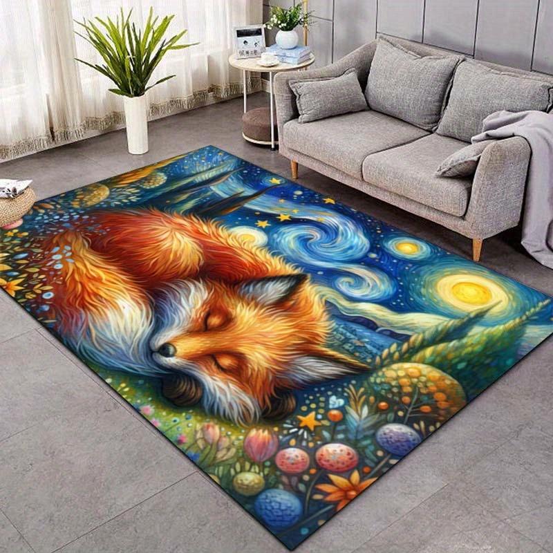 Starry Night Fox Rug: Transform Your Living Room with Artistic Elegance | Unique Home Decor | Animal Themed Carpets