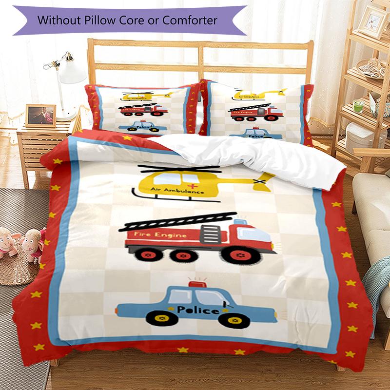 3pcs fire trucks police cars Bedding Set Duvet Cover Closure Includes 1 Duvet Cover & 2 Pillowcases, Soft and Comfortable for All Seasons.