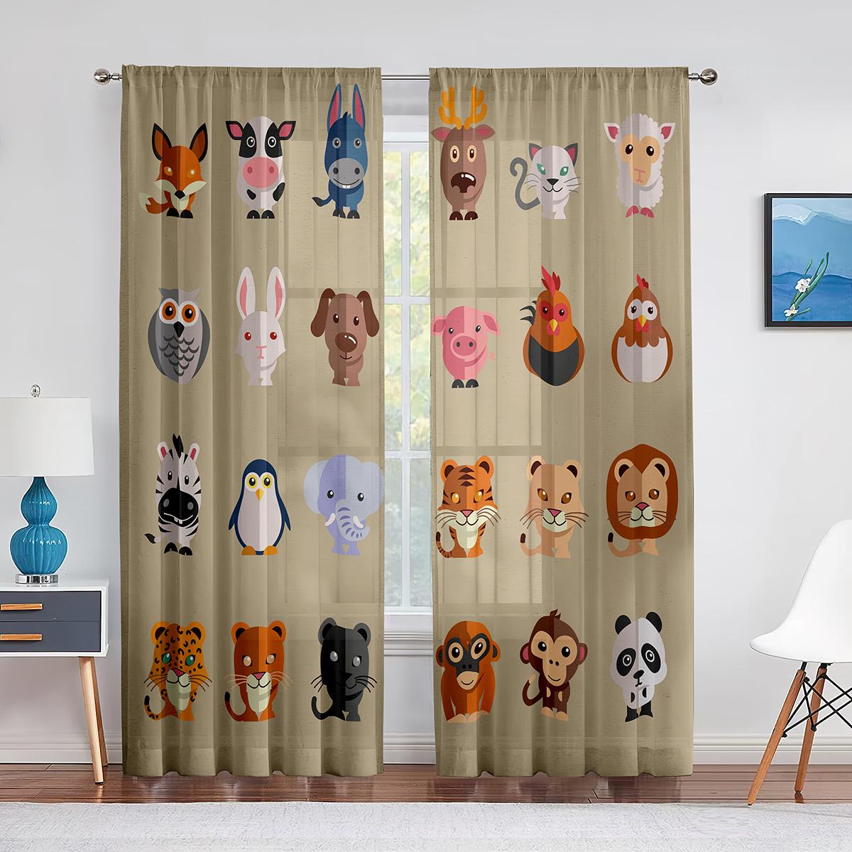 

Прозрачная вуаль с изображением животных джунглей, занавеска для детской спальни, детской комнаты, милый слон, лев, жираф, тигр, тюлевые занавески на окно W65X60H(cm)X2Pcs&Grommet Top