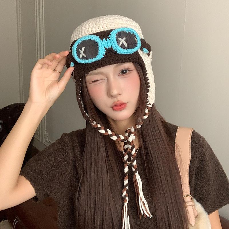 Tan Jianci's style glasses with detachable woolen hat for women, autumn and winter quirky knitted aviator hat with ear protection, Lei Feng hat