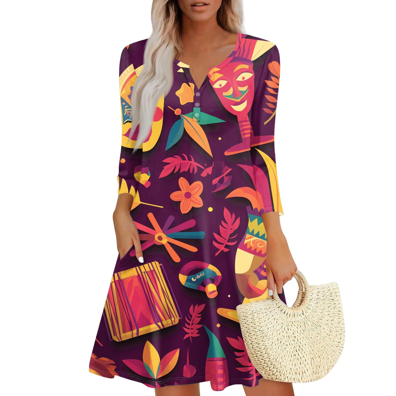 

Women s Dress Loose V Neck Three-quarter Sleeve With Pockets Dress XL фіолетовий